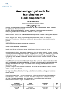 Anvisningar gällande för transfusion av blodkomponenter