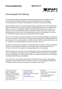 Pressmeddelande 2016-10-17 Vinnovaprojekt till