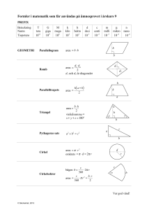 Formler i matematik som får användas på ämnesprovet i årskurs 9