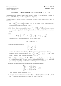 Tentamen i Linjär algebra, 6hp, 2017-03-16, kl 14 - 19