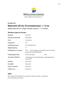 Matematik GR (A), Envariabelanalys 1, 7,5 hp