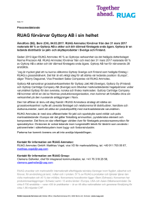 RUAG förvärvar Gyttorp AB i sin helhet