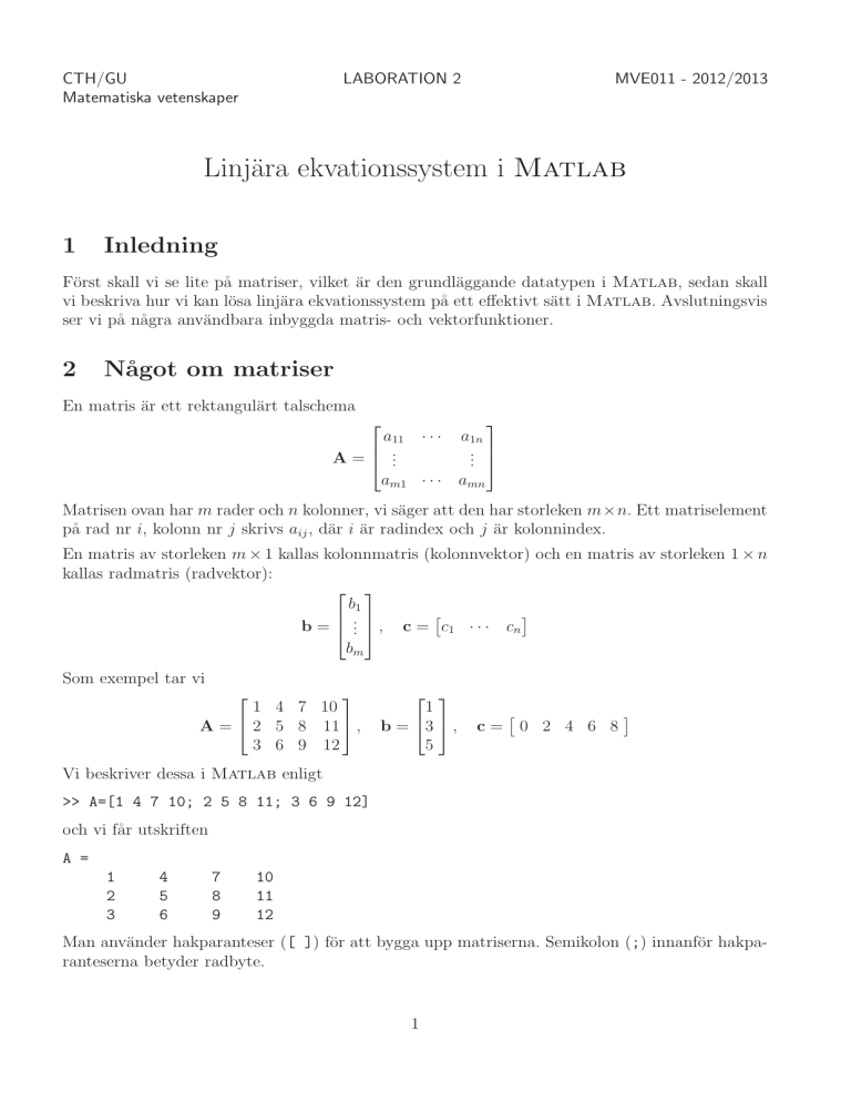 Linjära Ekvationssystem I Matlab